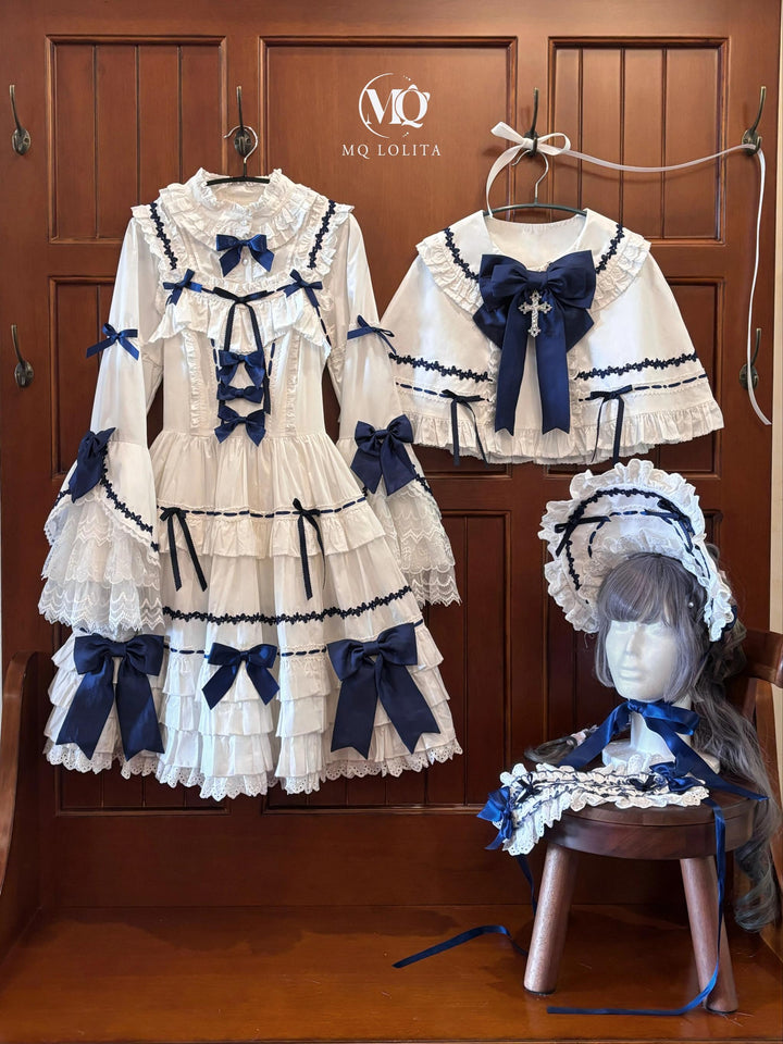 MQ Cat Ball~Maze Doll~Old School Lolita Jumper Dress Gorgeous Lolita Cape White and indigo JSK only S