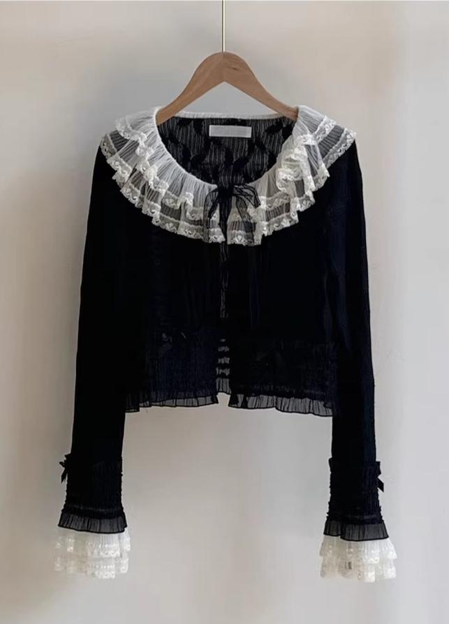 Morning Dew - Elegant Lolita Cardigan, Ruffle & Butterfly Pattern Black-Ivory Cardigan S