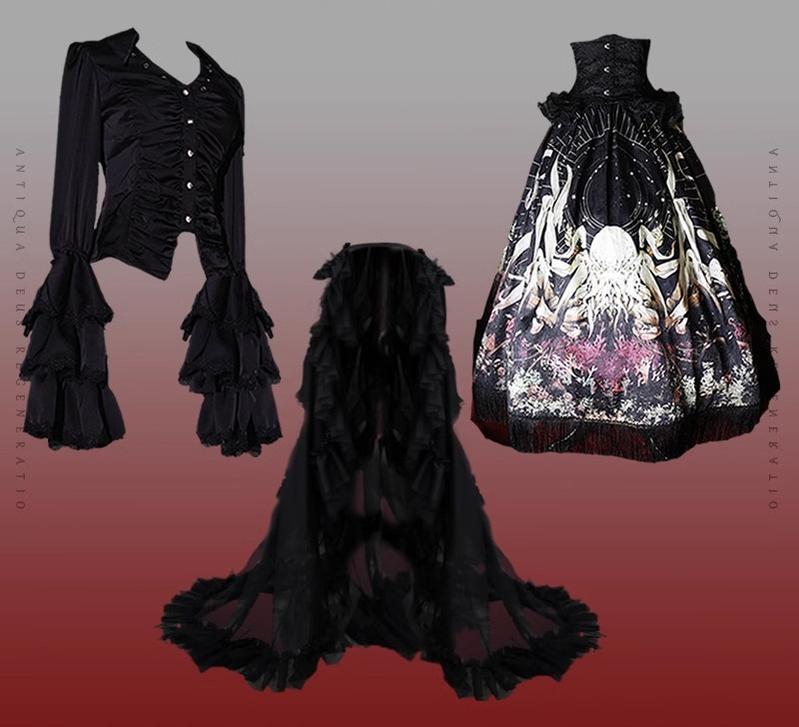 (BFM)Caged Bird Hotel~Reborn Ancient God~Gothic Lolita Shirt Plus Size Lolita Skirt Set S Black shirt + trailing full set 