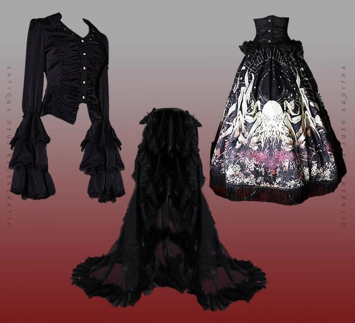 (BFM)Caged Bird Hotel~Reborn Ancient God~Gothic Lolita Shirt Lolita Skirt Set S Black shirt + trailing full set 