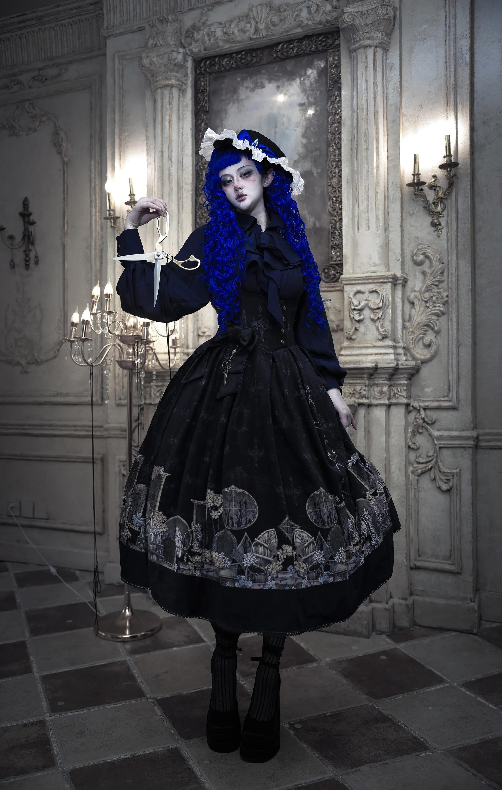 Window of Shadows - Plus Size Gothic Lolita OP & JSK, Window and Floral Print 45889:866722