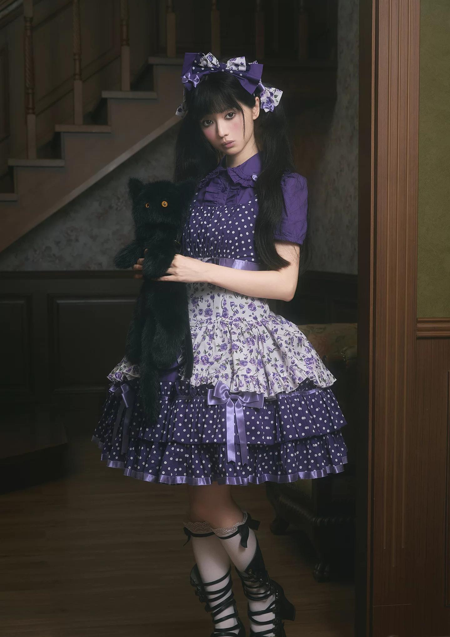 Libobo - Cotton Old School Lolita JSK Dress, Polka Dot & Floral Print 45878:866118