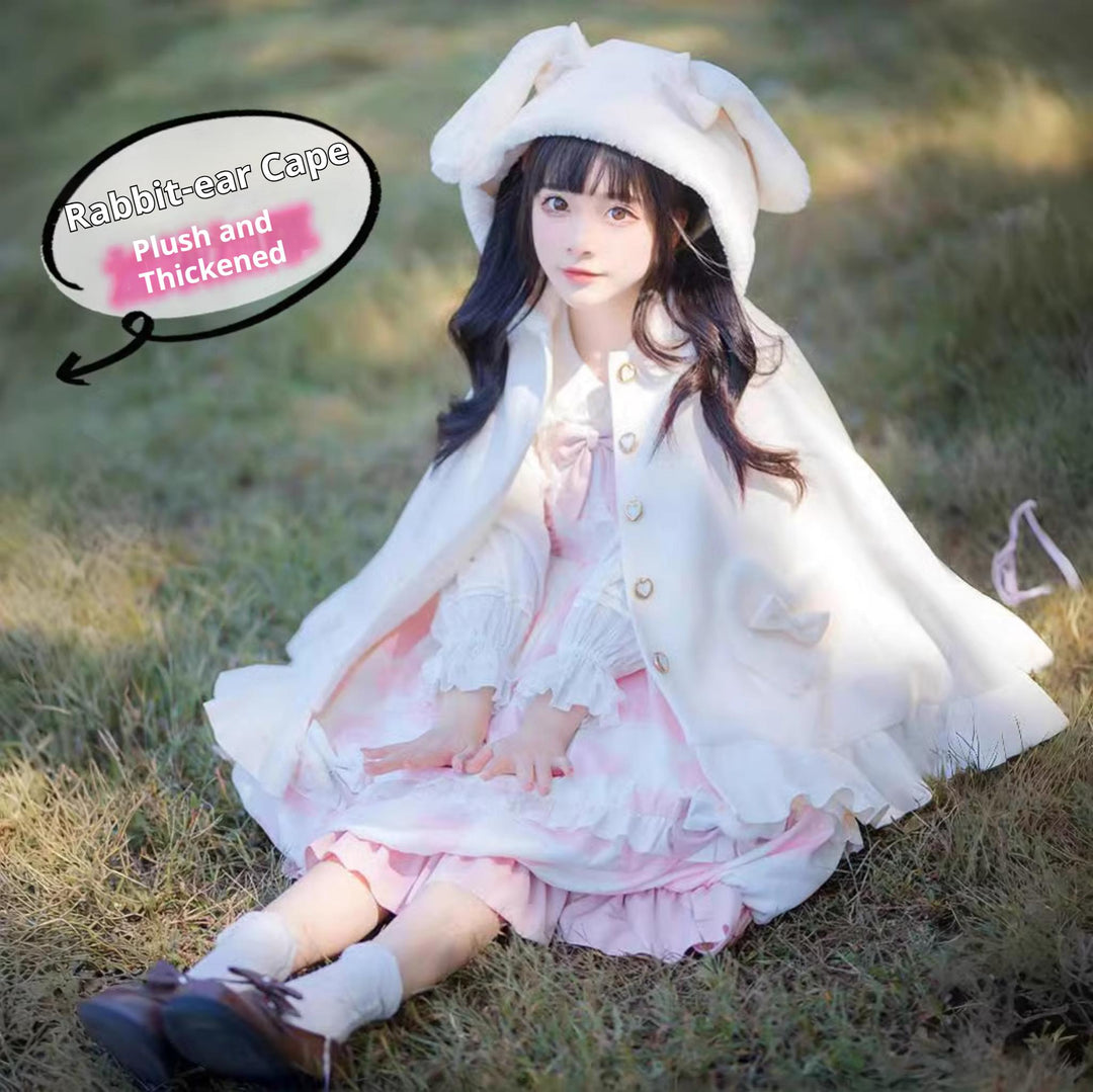 Teddy Bear~Winter Lolita Cape Christmas Deer Horn Hooded Cloak Free size White (long with velvet)