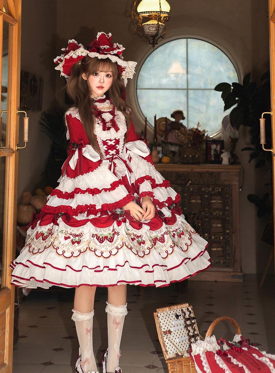 Bramble Rose - Starryberry Eden - Hime-sleeved Sweet Lolita Dress, Strawberry Embroidery 44262:801387