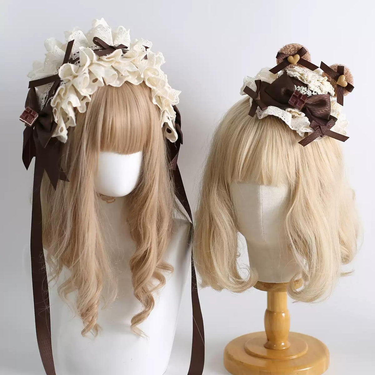 Coffee Brown Kawaii Lolita Hairband Accessory Set, Lace & Bear Ears 46088:874546
