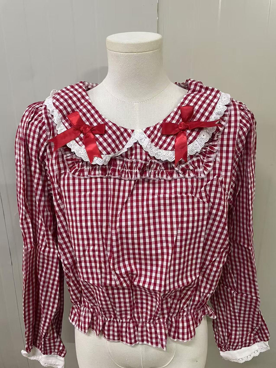 42Lolita Clearance Items Collection #29-Red plaid long sleeved blouse - size M