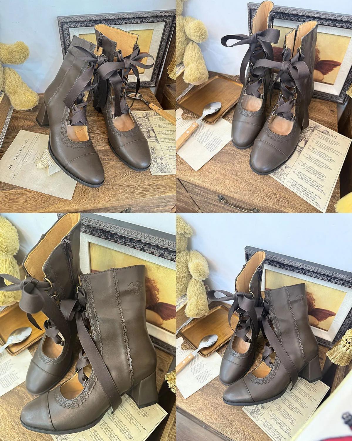 Angel Floral Wall - Classic Lolita Straps Ankle Boots, Side Zipper 45766:861674