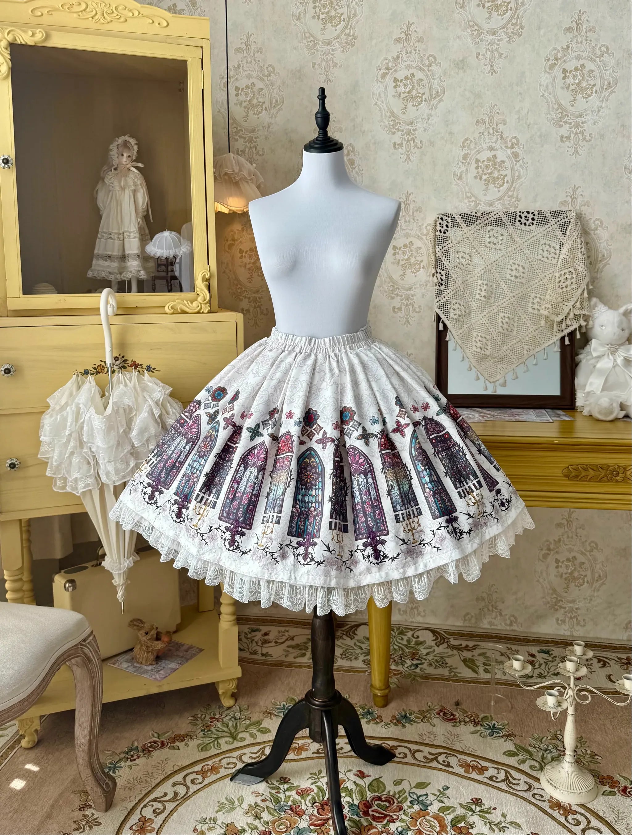 Temple Stained Glass - Gothic Lolita Stained Glass Printed SK, Elastic Waist 45770:861918