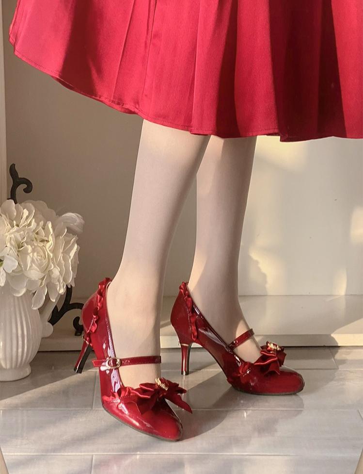 (BFM)Pure Tea for Dream~Sweet Lolita Shoes Bow High Heels Multicolor 34 wine red 