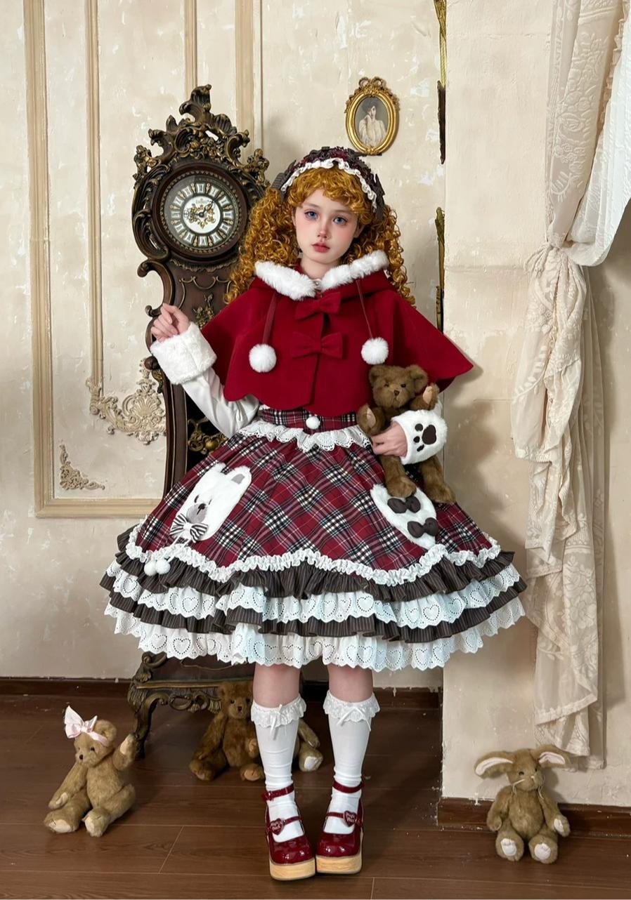 Winter Sweet Lolita Cape & JSK Dress Set, Teddy Bear Patch 45974:870032