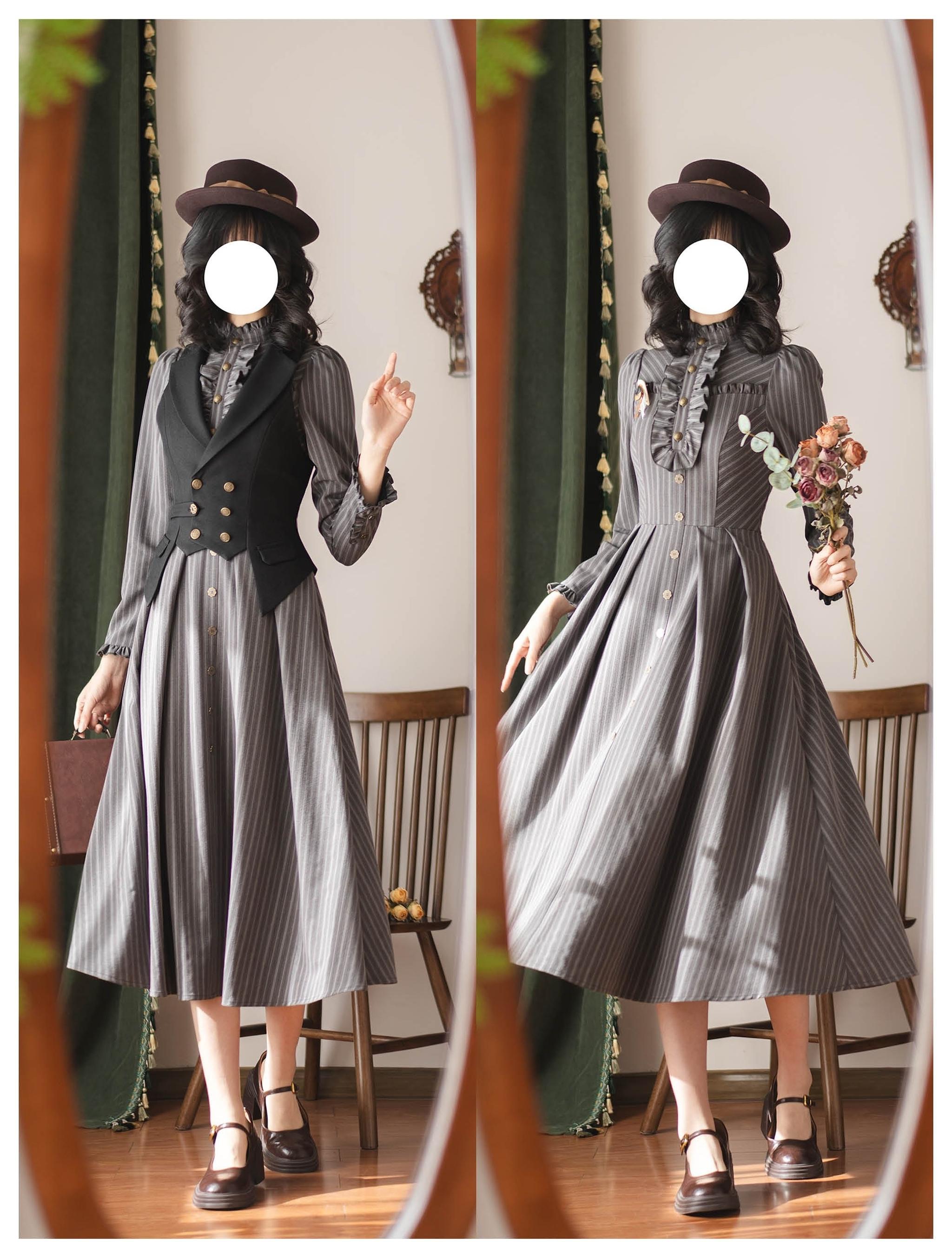 Forest Castle - Classic Lolita Long Striped Dress, Irregular Hem Vest 44441:809879