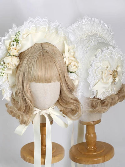 Xiaogui~Elegent Lolita Bonnet Bows Straw Hat Free size Cotton beige 