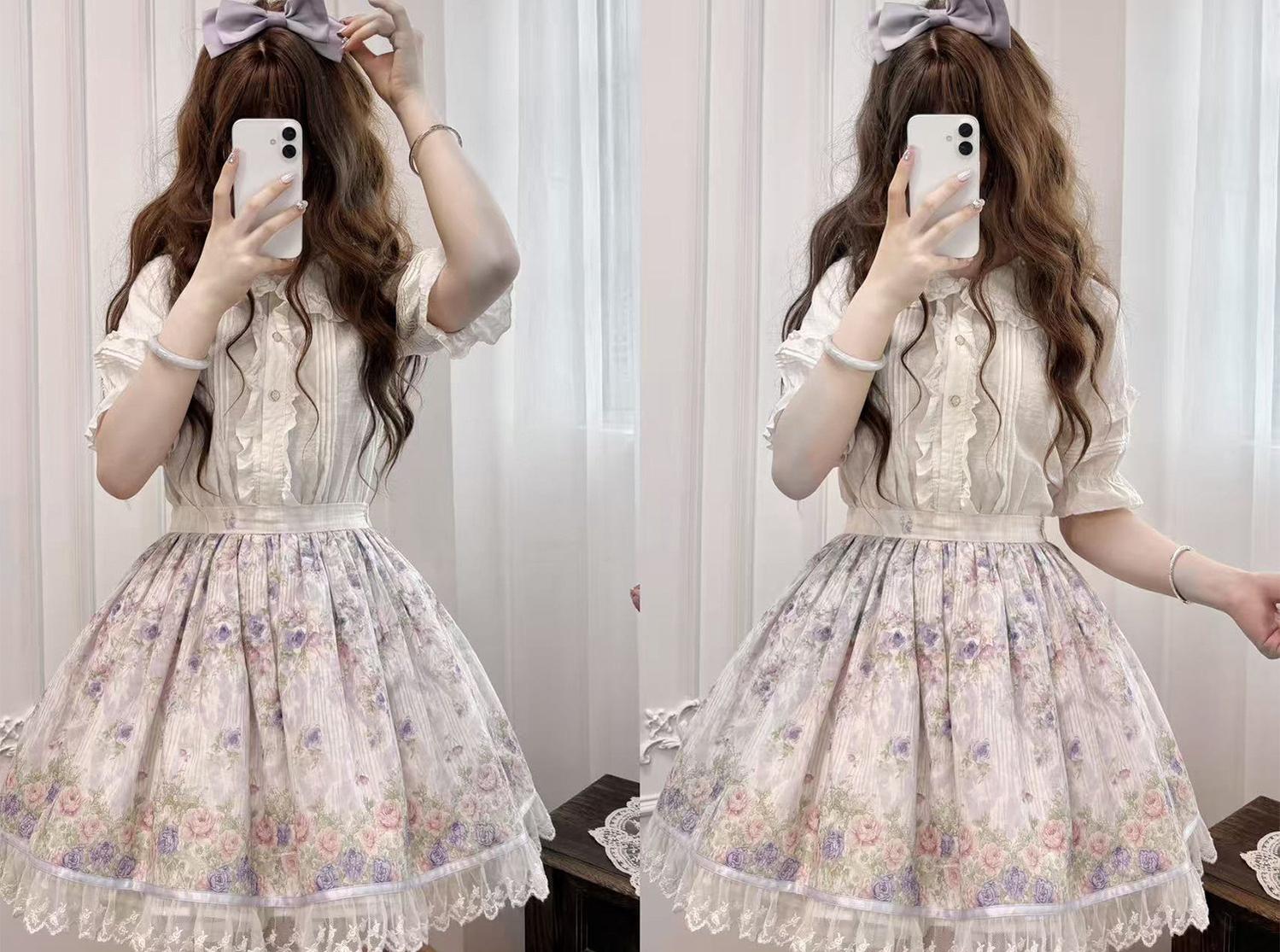 Yuri's Garden - Classic Floral Printed Lolita Dress with Lace 45541:852319
