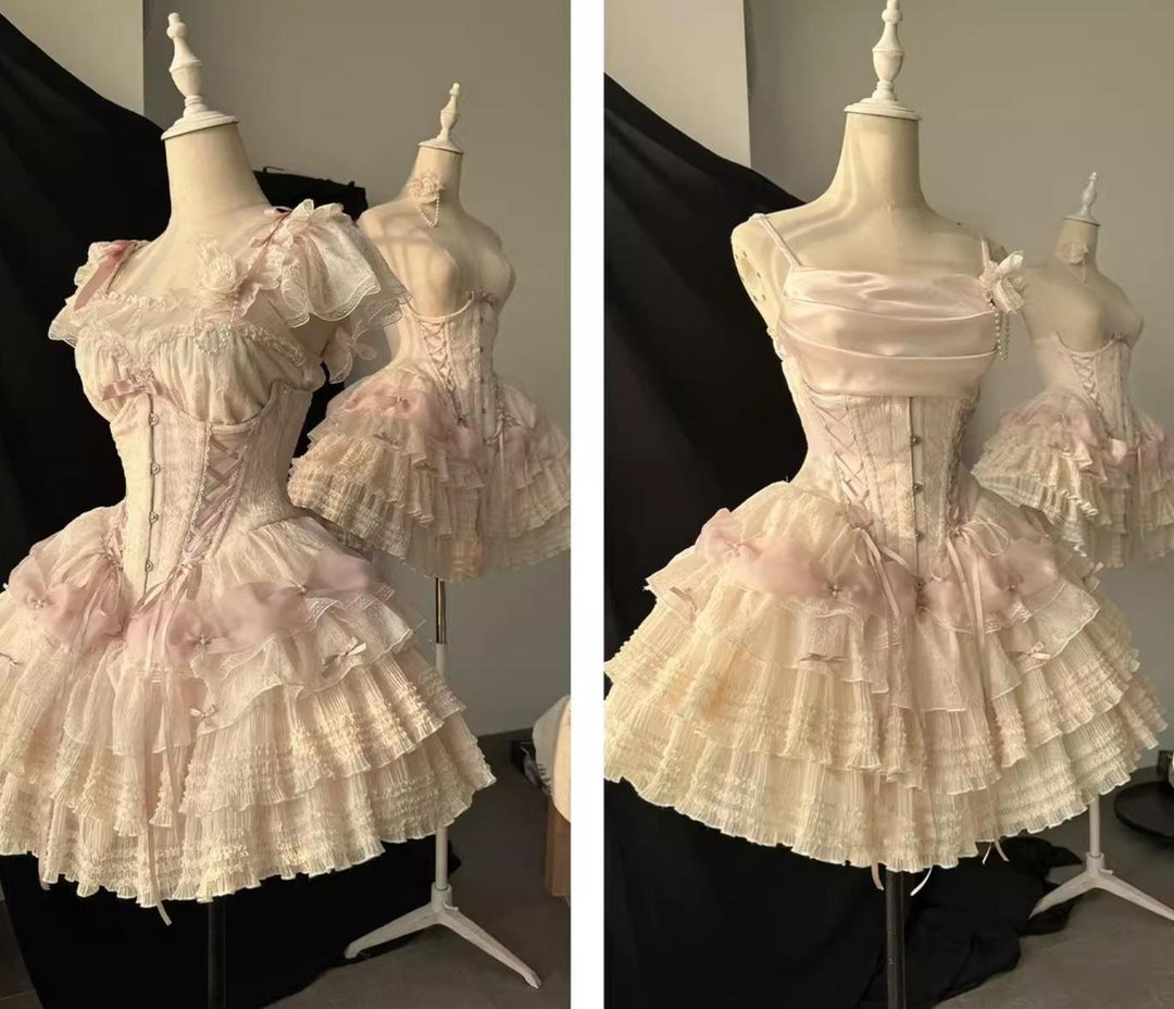 Caramel Antique~Feather Feast~Elegant Lolita Dress Ballet Dress Full Set Flying sleeve inner top XS Short waist version - ivory pink