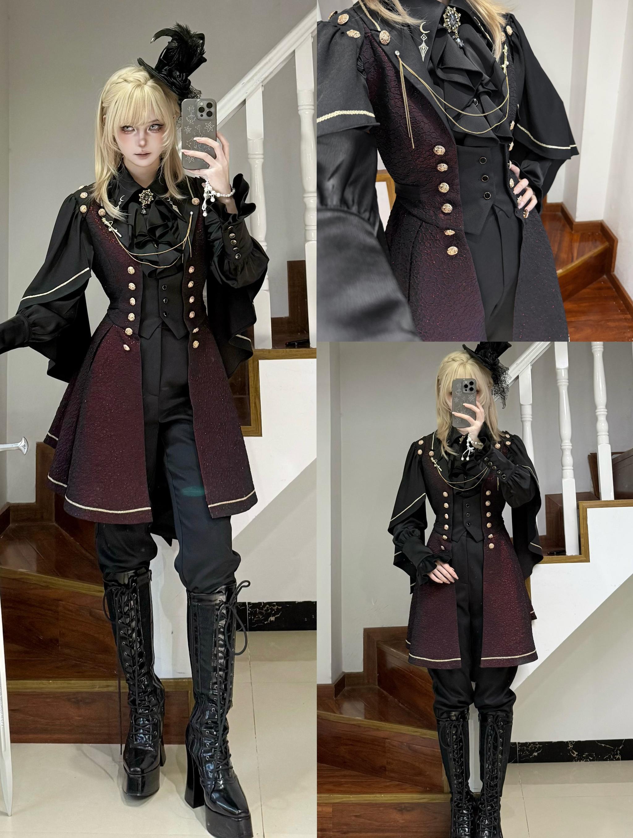 Fallen Moon Code - Retro Military Lolita Capelet-Sleeve Set: Vest, Skirt & Pants