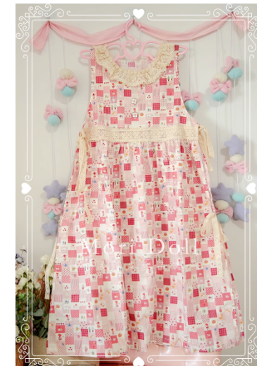 Mori Doll~Mori Style Apron~Daily Lolita Colorful Patterns Apron Dress free size pink plaid 
