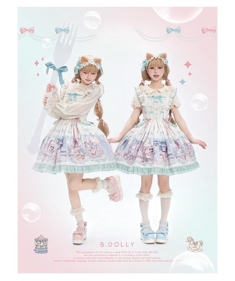 Baduoni~Dream Core Childhood~Kitty Printed Sweet Lolita JSK with Cute Headband