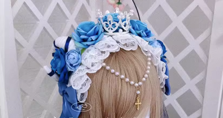 Yu Xixixi~Gothic Lolita Rose Crown KC with Veil Pendant Customized lake blue (golden crown)  