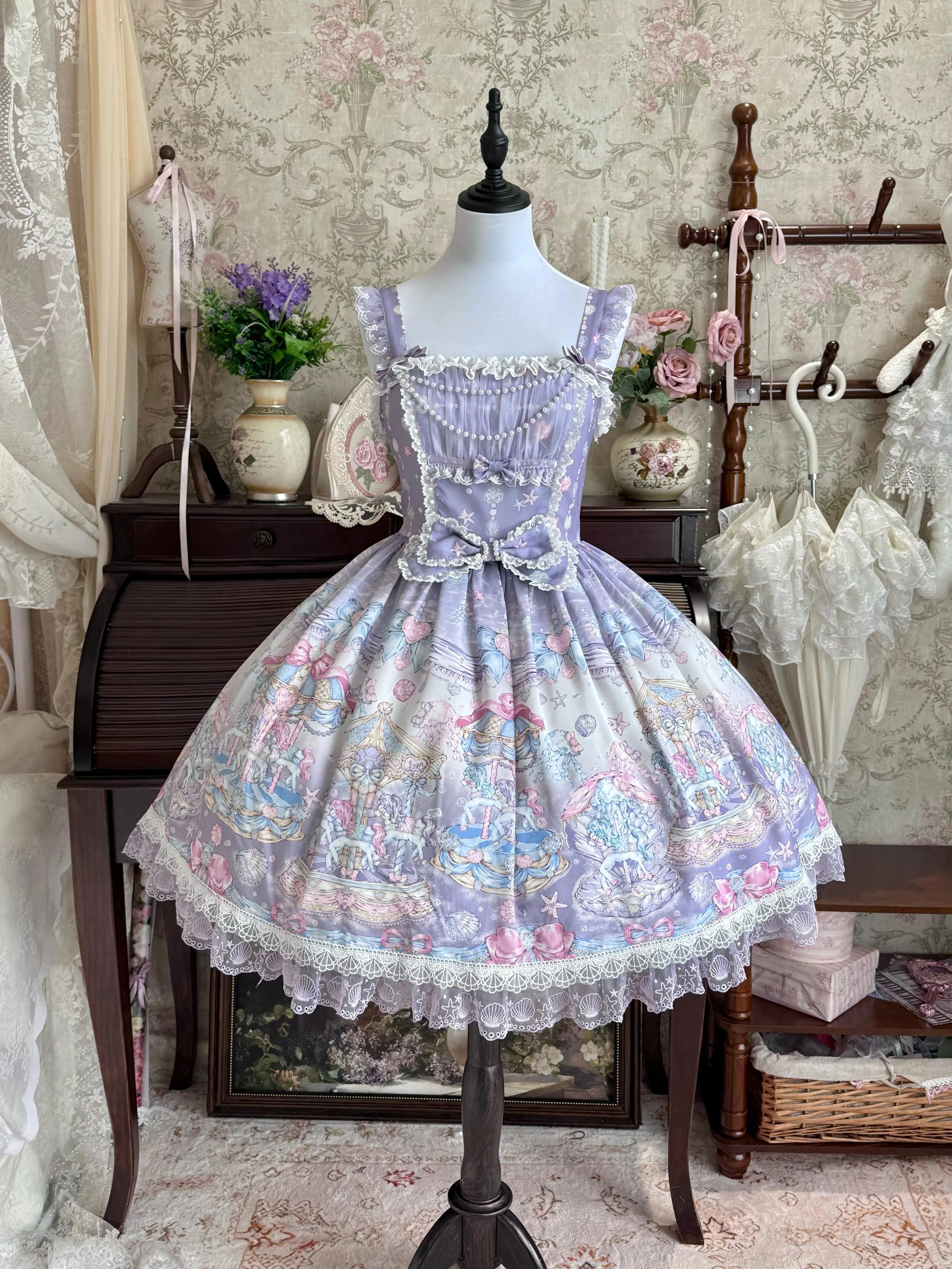 Glimmering Carousel - Sweet Lolita OP & JSK Dress Set, Ocean Carousel Print (L M S XL) 45827:863939