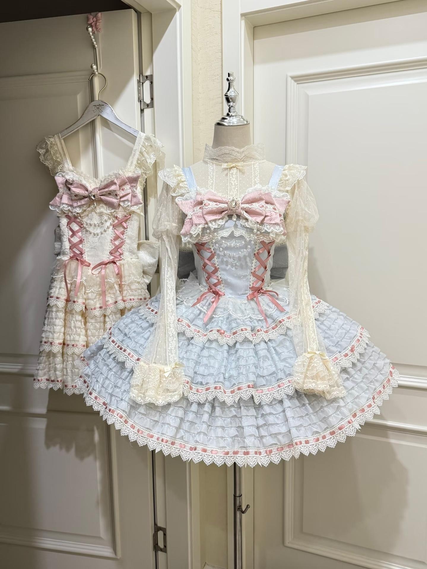 Floral Elegy - Sweet Lolita JSK Dress, Tiered Hem Blue JSK S