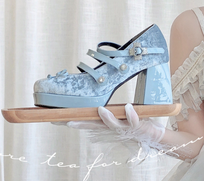 Pure Tea For Dream~Vintage Lolita Velvet Bow High-heel Shoes 35 velvet baby blue 