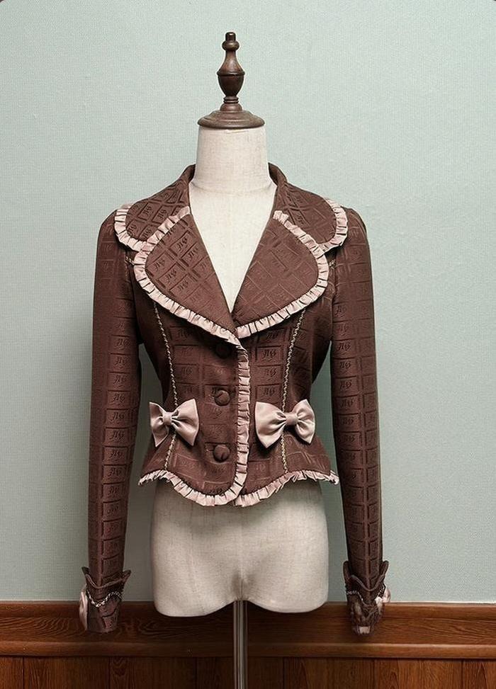 Alice Girl - Bear Chocolate Slab - Classic Lolita Slim Fit Jacket Coat, Lapel Collar (L M S XL XS) 44310:804287