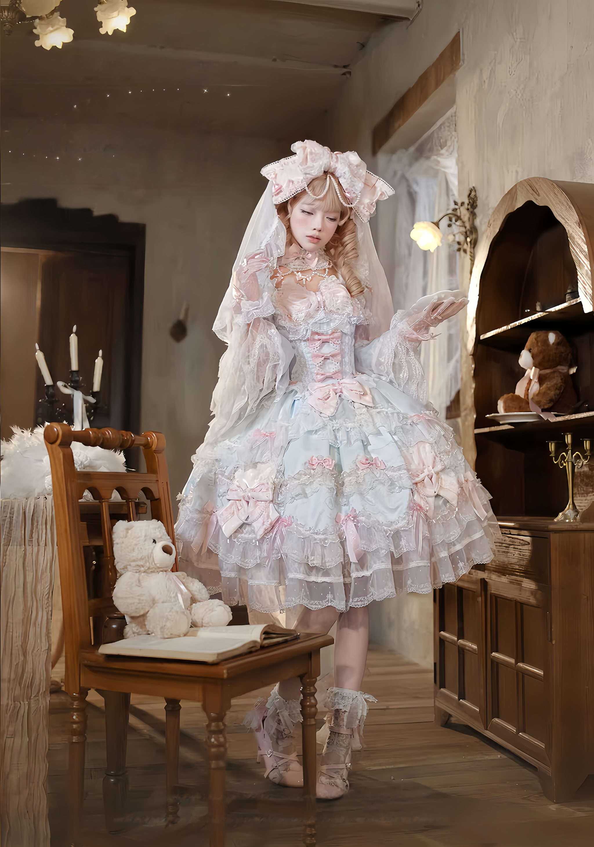 Showa Doll SP - Sweet Lolita Wedding OP Dress, Layered Hem Blue and Pink S Short Sleeve OP Only