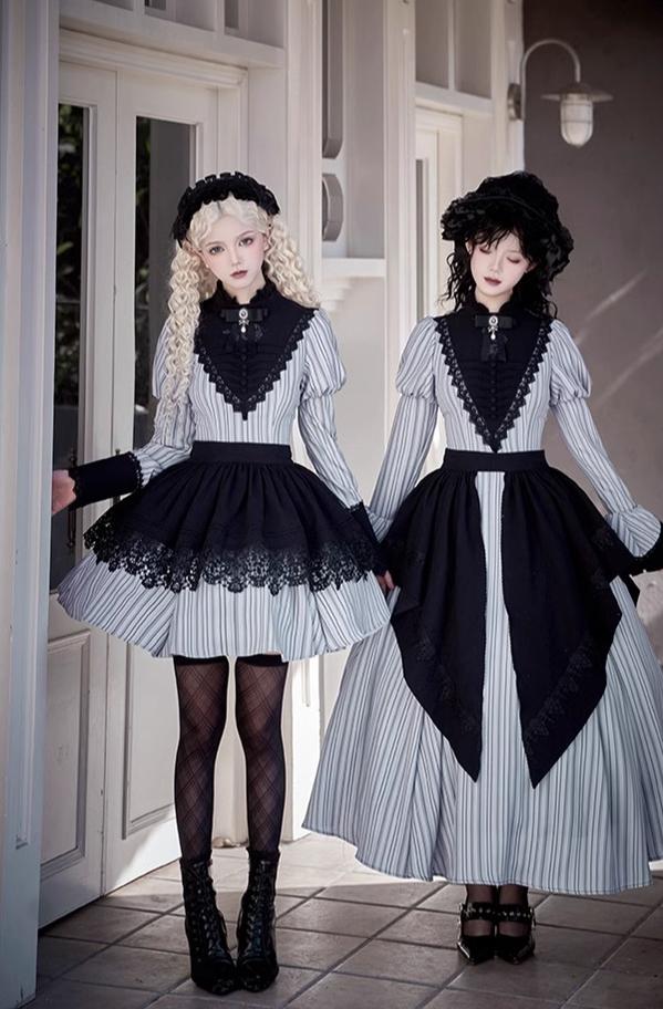 With PUJI~Nocturne SP~Striped Gothic Lolita OP Twin Lolita Dress with Apron