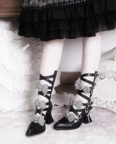 Moon-Raven Dream - Gothic Lolita Pointed Toe Heeled Boots, Cross Strap 45893:867565