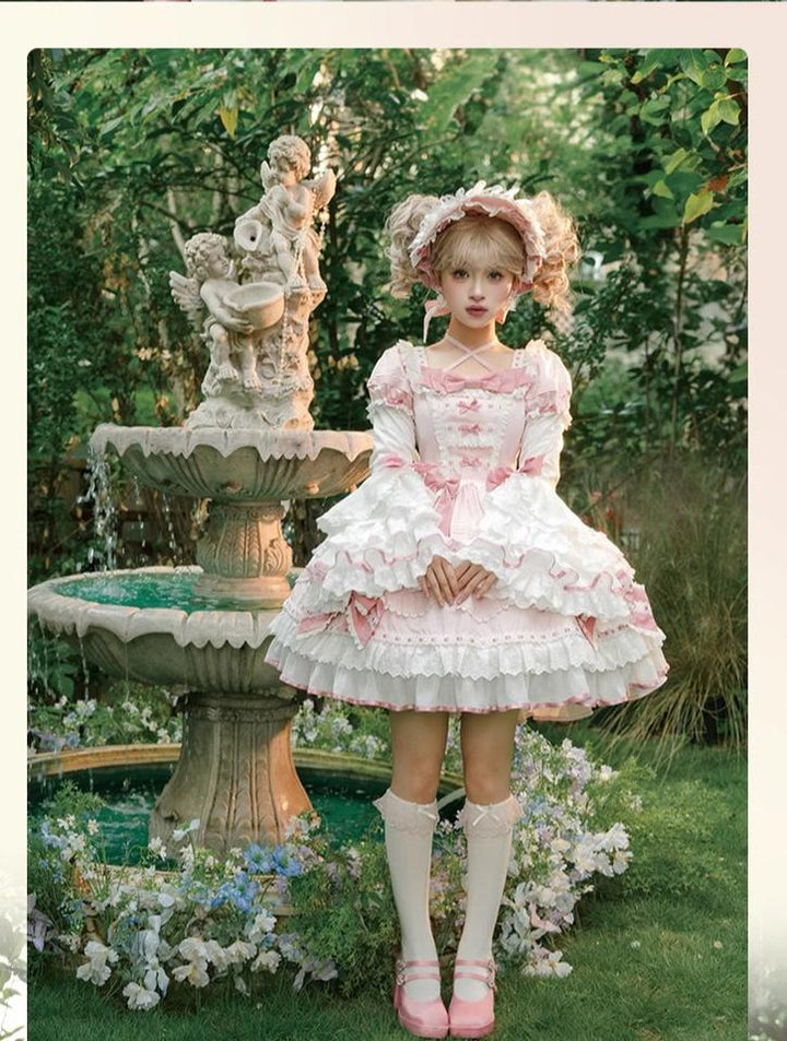 Heartbeat doll~Lily's Tea Party~Pink Old School Lolita OP Dress Long Sleeve