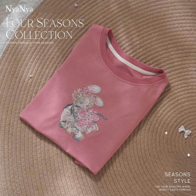 (BFM)NyaNya~Four Seasons Collection~Sweet Lolita T-shirt Summer Loose Fit Embroidered T-shirt S Pink - Rose Bunny 