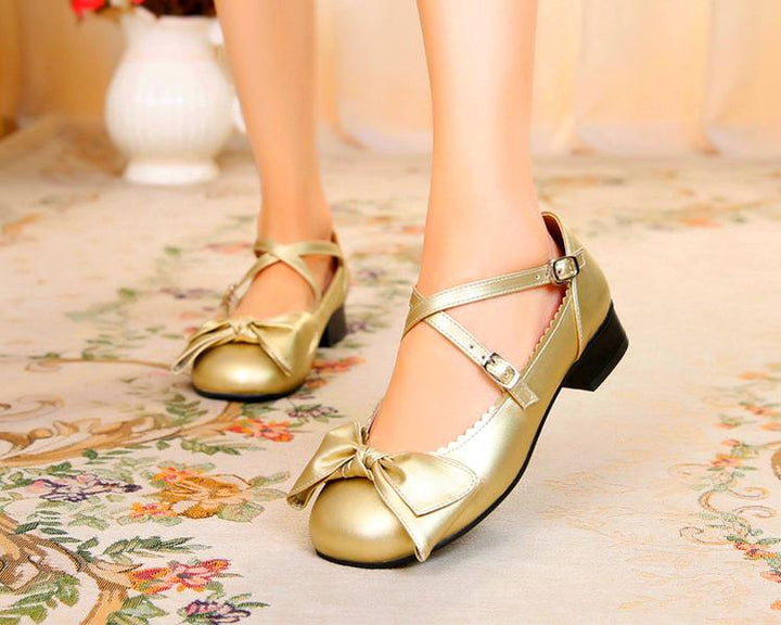 Sosic~Bow and Low Heel Cross Band Lolita Leather Shoes   