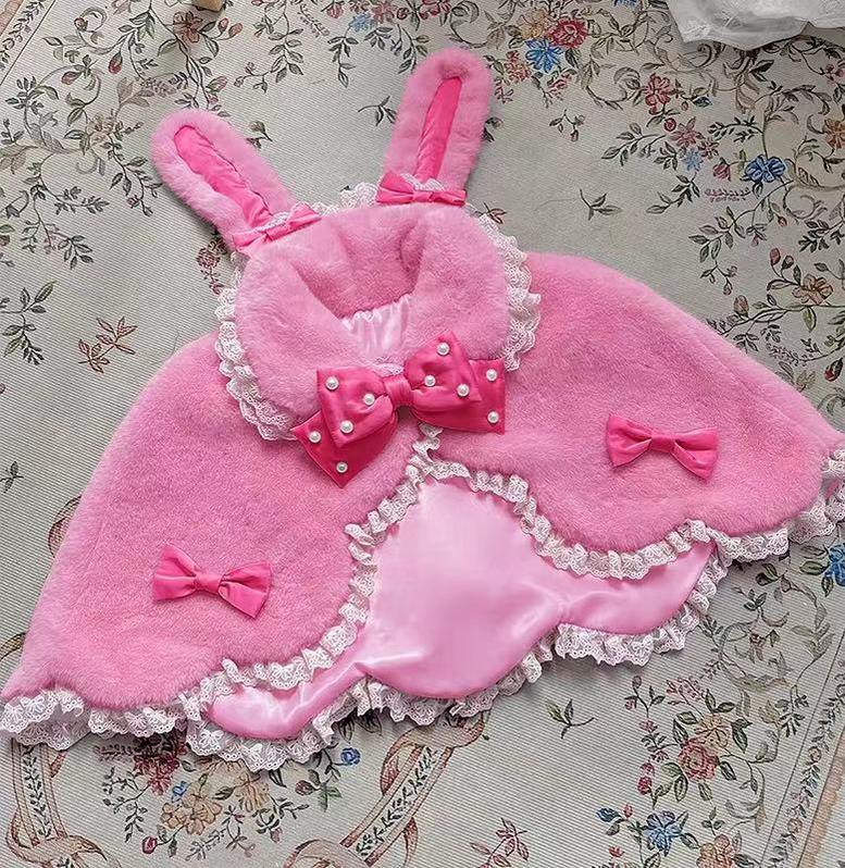 Letters from Unknown Star - Kawaii Lolita Cape Winter Lolita Shawl Daily One Size Strong pink cape + strong pink bow