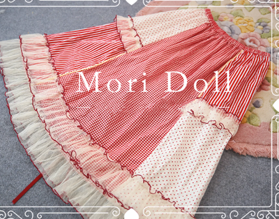 Mori Doll~Peach Tea~Sweet Lolita Dot and Stripe Print Skirt Multicolors S red 