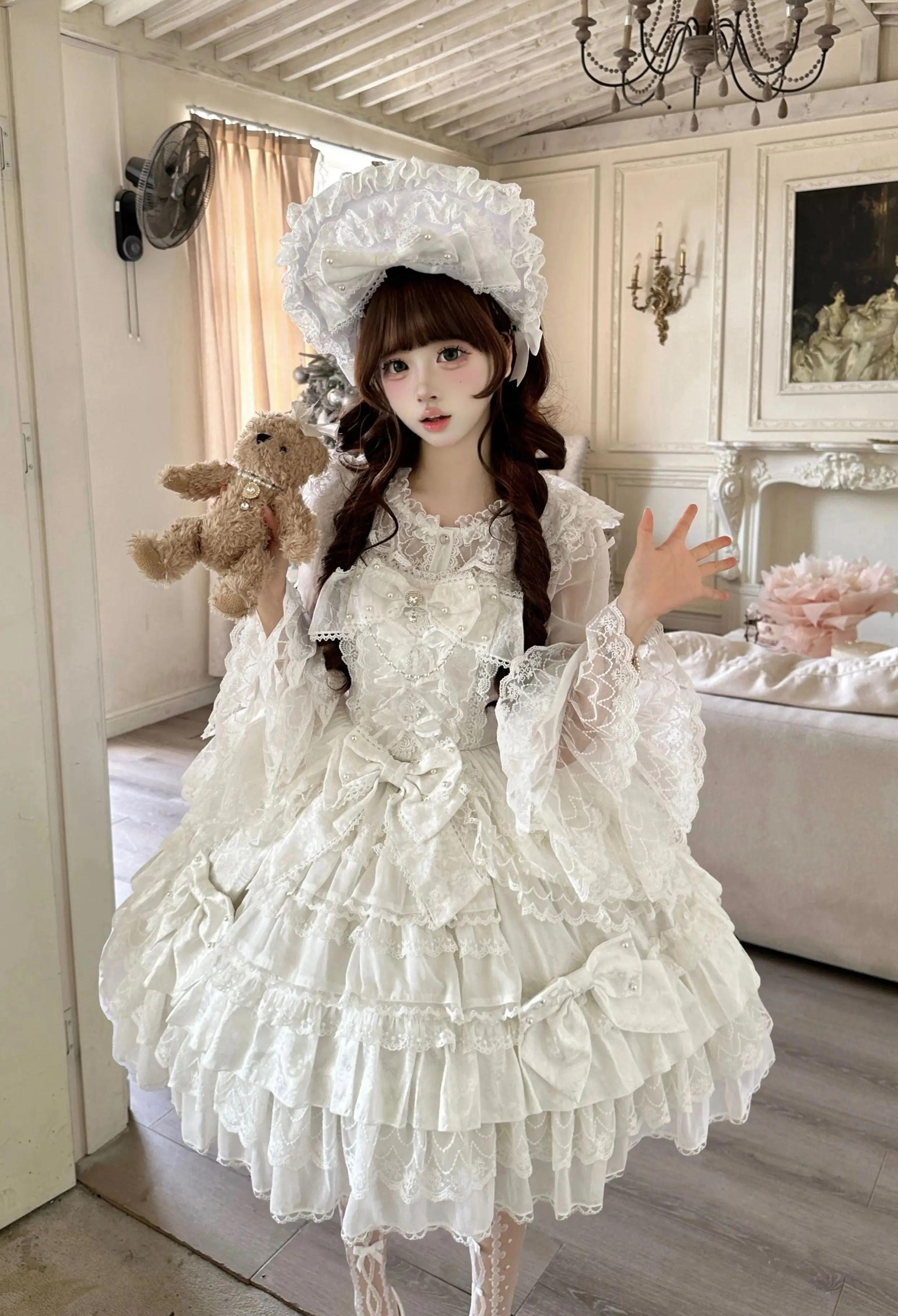 Slumbering Pearl Curtain - Sweet Lolita JSK Dress, Pearl Bows and Layered Lace 45780:862501