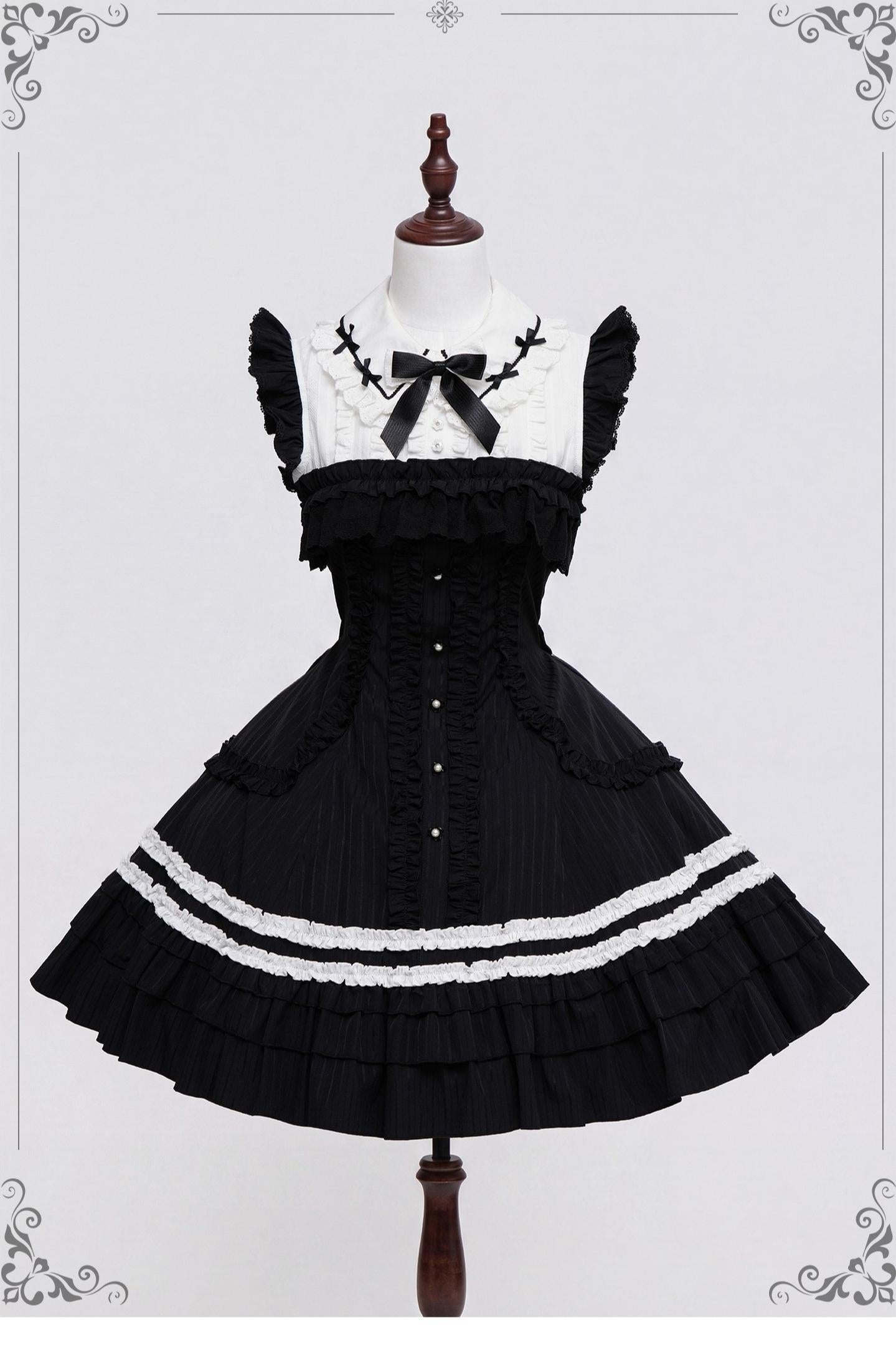 Lily Doll - Gothic Lolita Black White Contrast JSK Dress with Ruffles 45662:857342