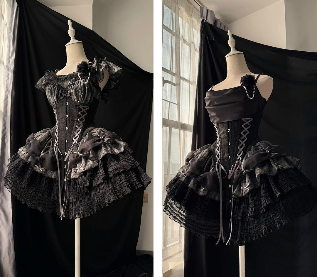 Caramel Antique~Feather Feast~Elegant Lolita Dress Ballet Dress Full Set Flying sleeve inner top XS Long waist version - black silver