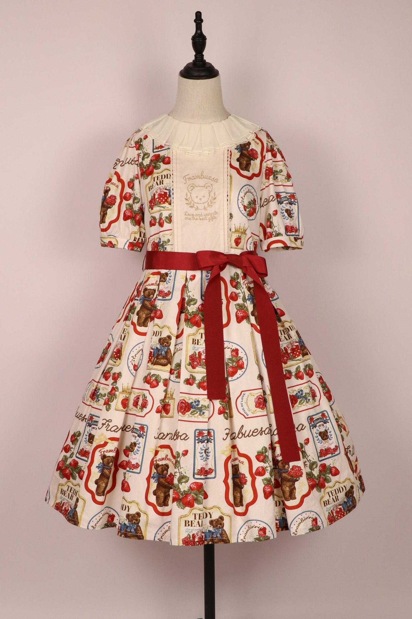 Frambuesa~XiangYe~Sweet Lolita OP Dress Bear Strawberry Prints Dress S (Bear Embroidery) Color: 