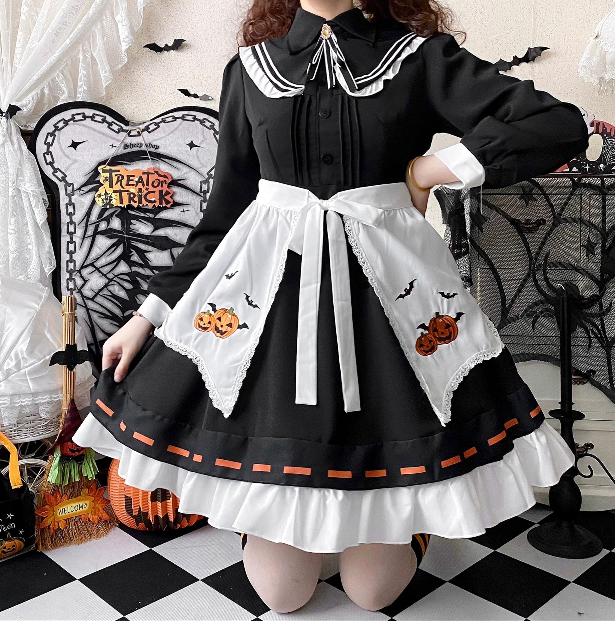 Little Witch - Halloween Gothic Lolita OP Dress Set, Pumpkin & Bat Embroidery