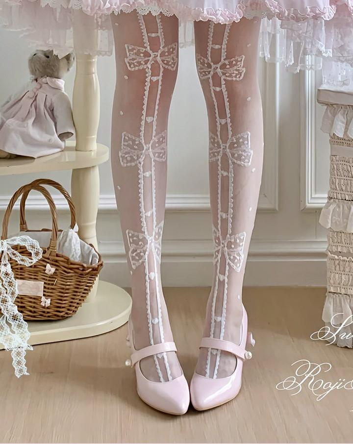 Sweet Lolita Thigh High Polka Dot Socks with Bow Patten (白色) 45515:851684