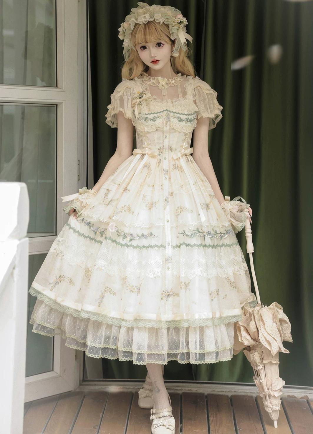 Daisy Poetry - Classic Lolita Lace JSK & OP Dress, Daisy Print and Embroidery 45825:864047