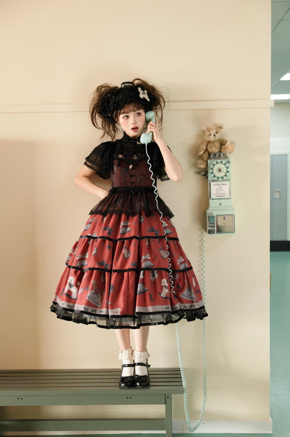 LittlePlum~Telephone Dog~Black Red Classic Lolita Dress Set with OP JSK and Skirt 42068:725544