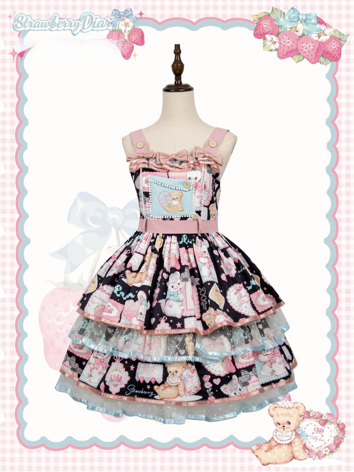 LittlePlum~Showa Strawberry Diary~Sweet Lolita Dress Outfit Printed Showa Era JSK Set JSK - Black x Pink Only S