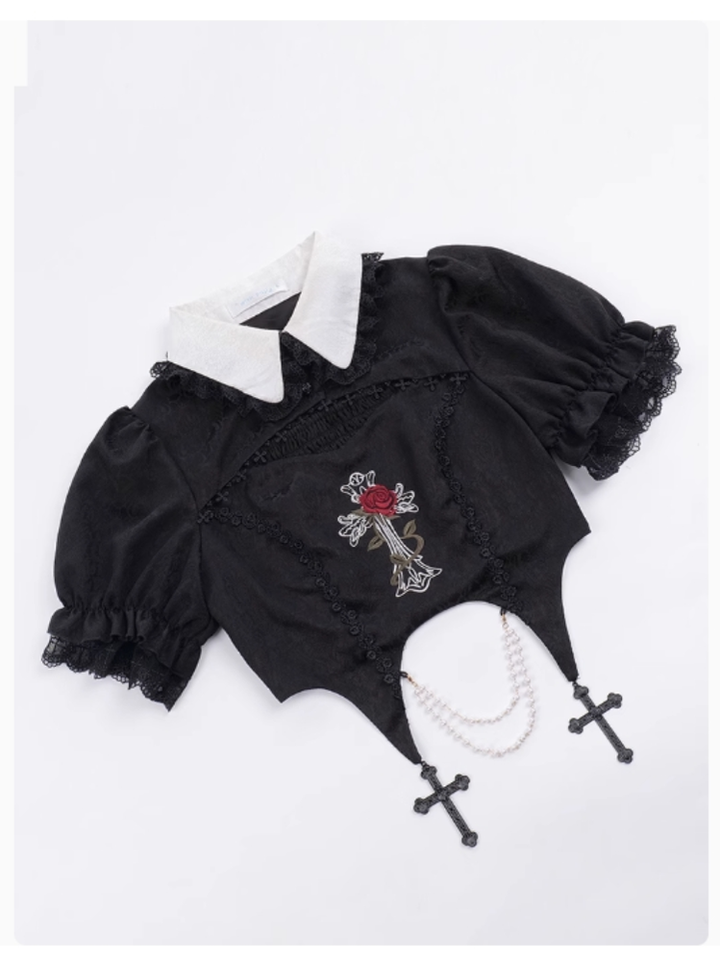 With PUJI~Evil Flower~Gothic Lolita Skirt Set Rose Embroidered Hollow Out Blouse   