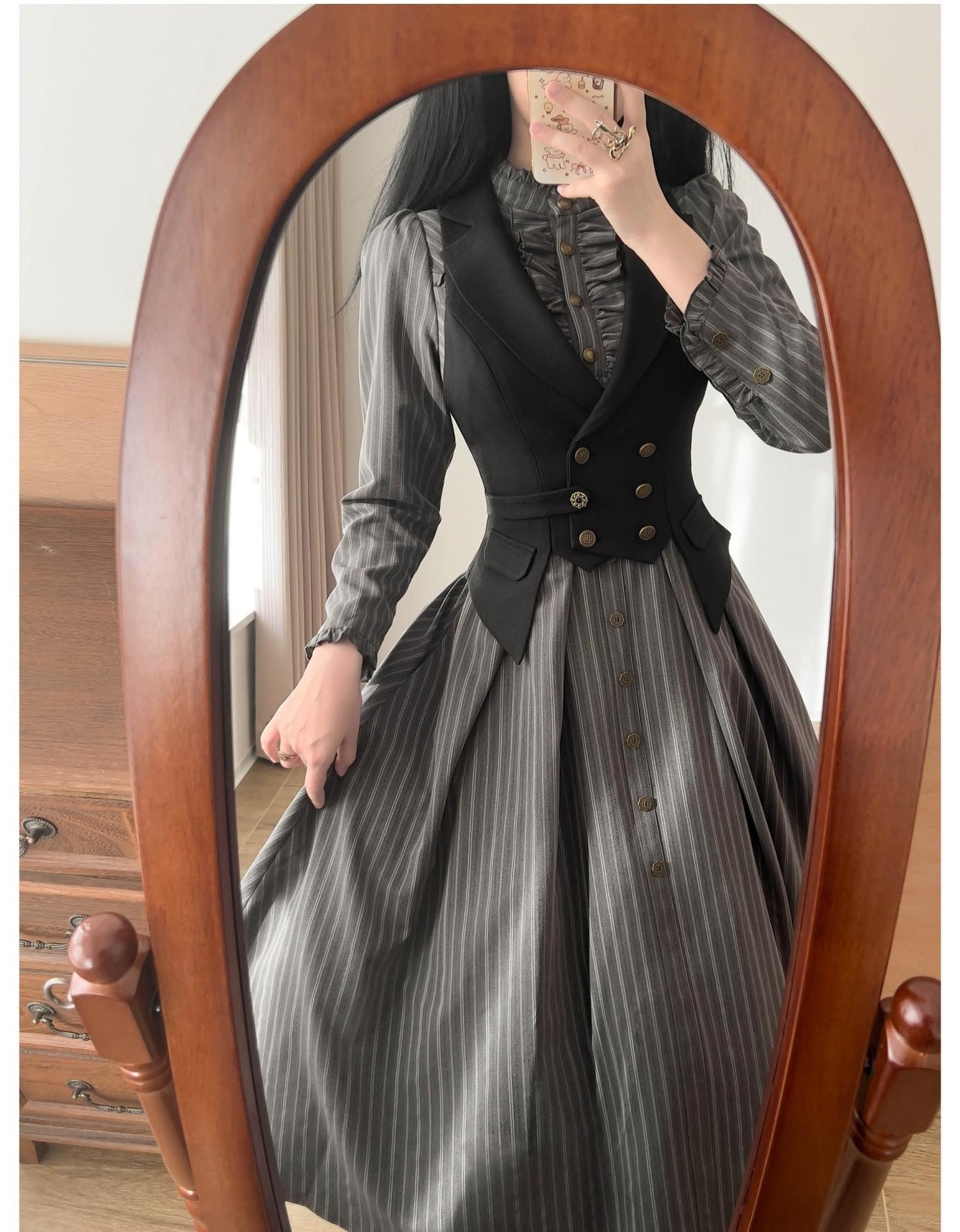 Forest Castle - Classic Lolita Long Striped Dress, Irregular Hem Vest 44441:809899