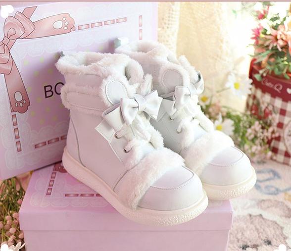 Bear Dada - Winter Kawaii Lolita Boots, Plush Accent White 34