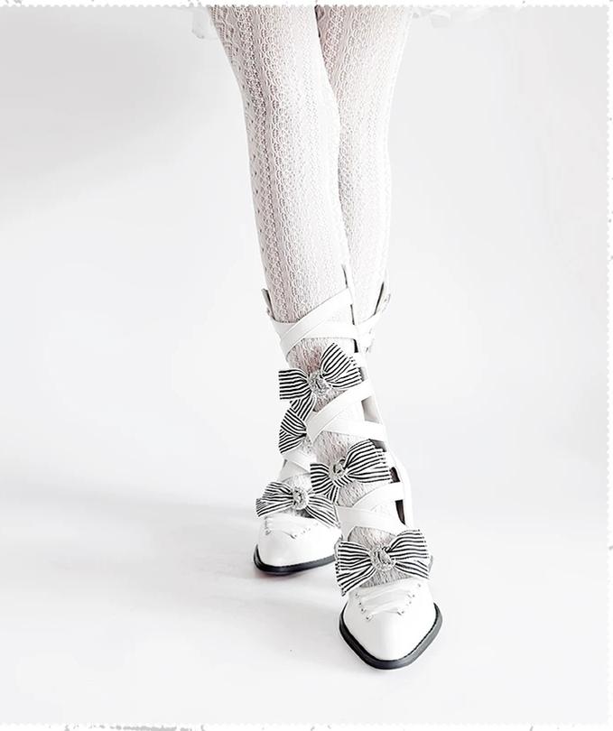 Moon-Raven Dream - Gothic Lolita Pointed Toe Heeled Boots, Cross Strap 45893:867564