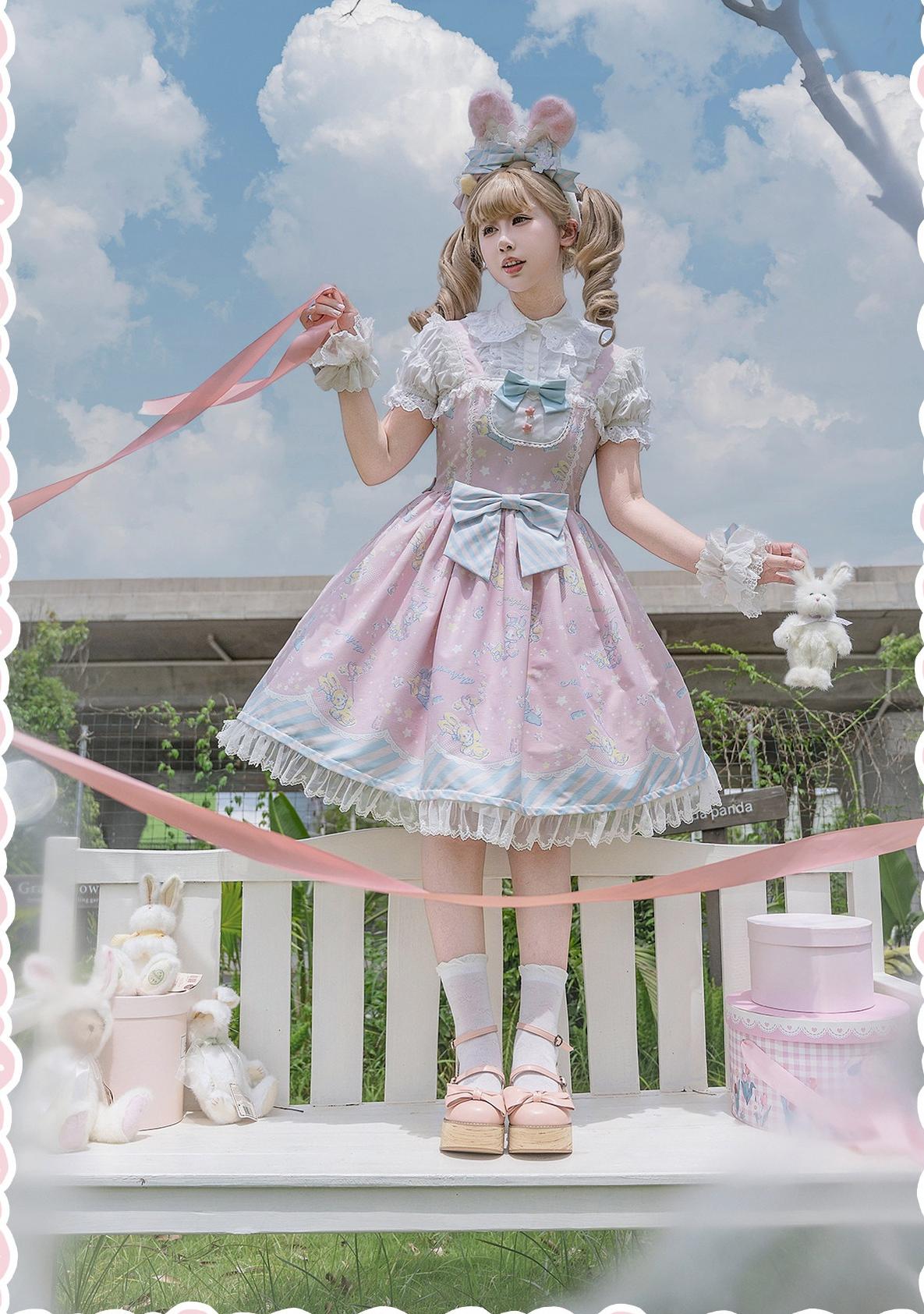 Star Gummies - IP Collaboration Sweet Lolita Dress, Bunny Print & Lace