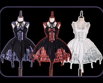 OCELOT~Rock 'N' Row Radio Wave~Punk Lolita JSK Dress Plaid Irregular Hemline Dress   
