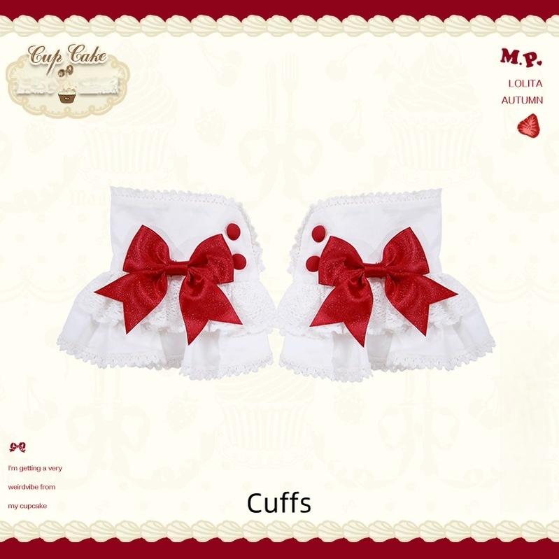 Mademoiselle Pearl - Cup Cake - White, Red Bow, Sweet Lolita Dress Set (Cuffs) 43333:773901